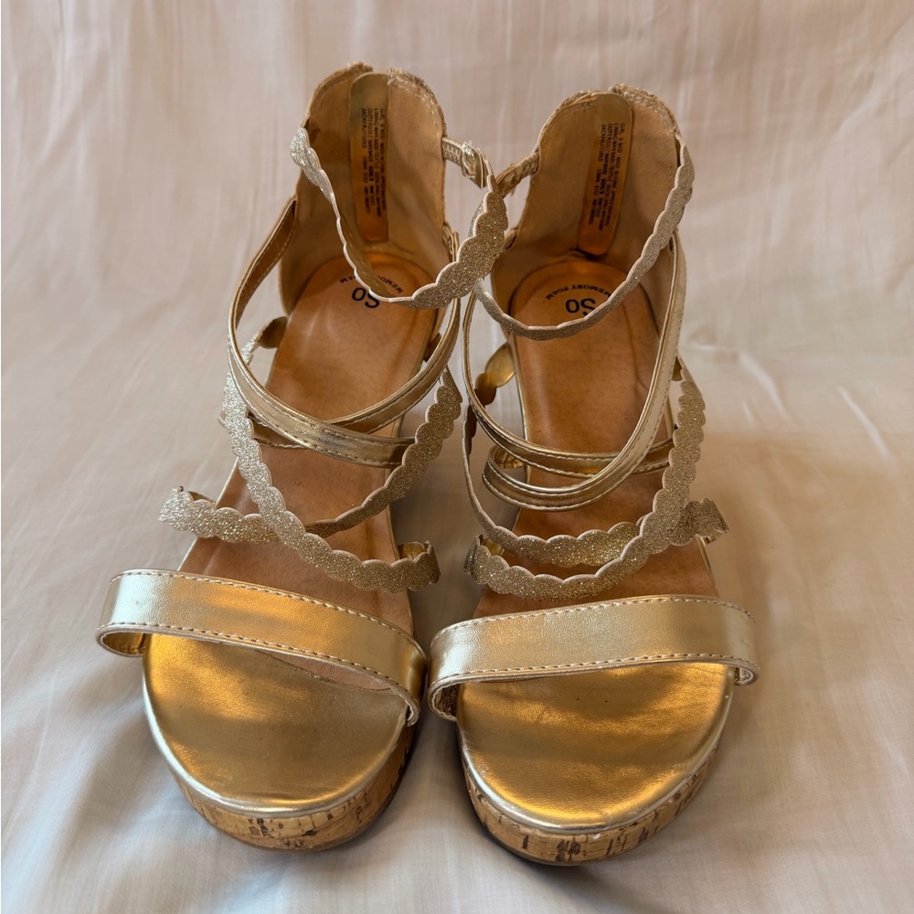 SO Gold Glitter Strappy Wedge Sandals | Cork Heel | Size 6